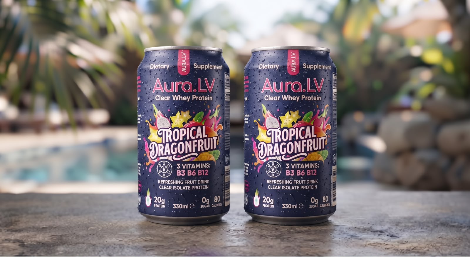 Two AURA.LV Tropical Dragonfruit cans by the pool