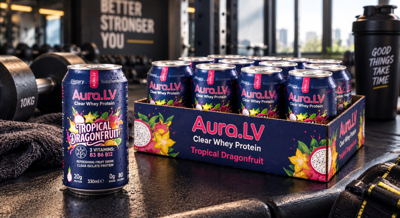 AURA.LV 12-can box of Clear Whey Protein in the gym